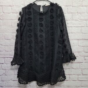 La Ros Black Textured PomPom Shift Tunic Top M Sheer Lined WhimsyGoth Dark Fairy